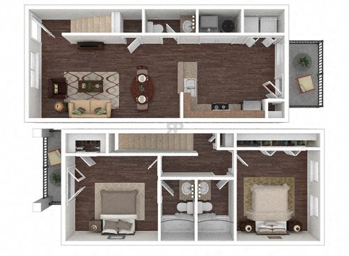 Two Bedroom Two and a Half Bath Floor Plan 1,158 Square Feet